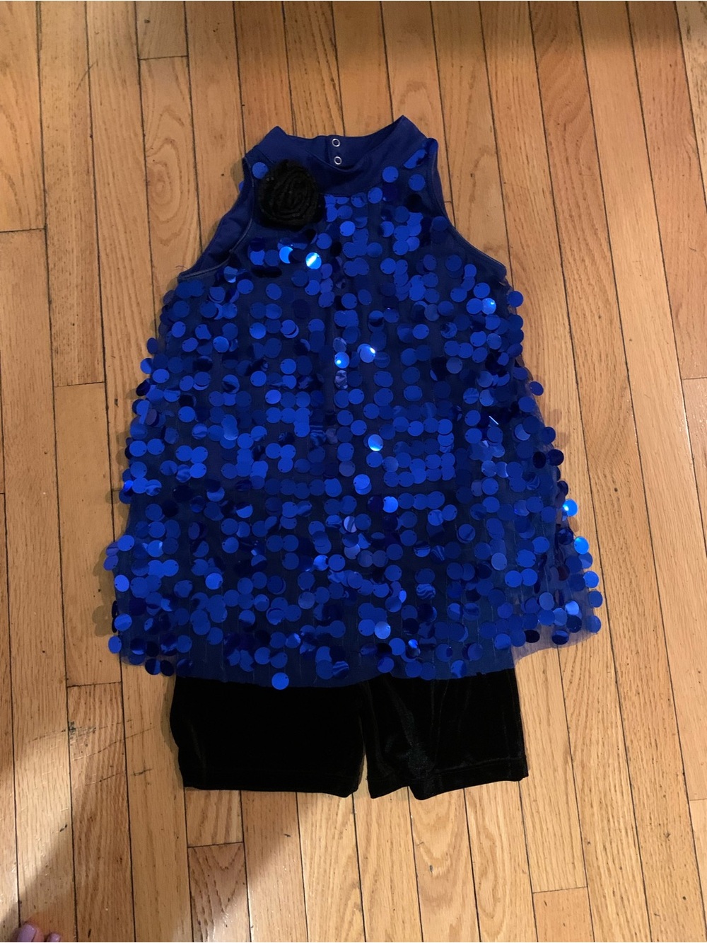 Royal Blue Sequin Dance Top with Black Floral Accent shorts attached